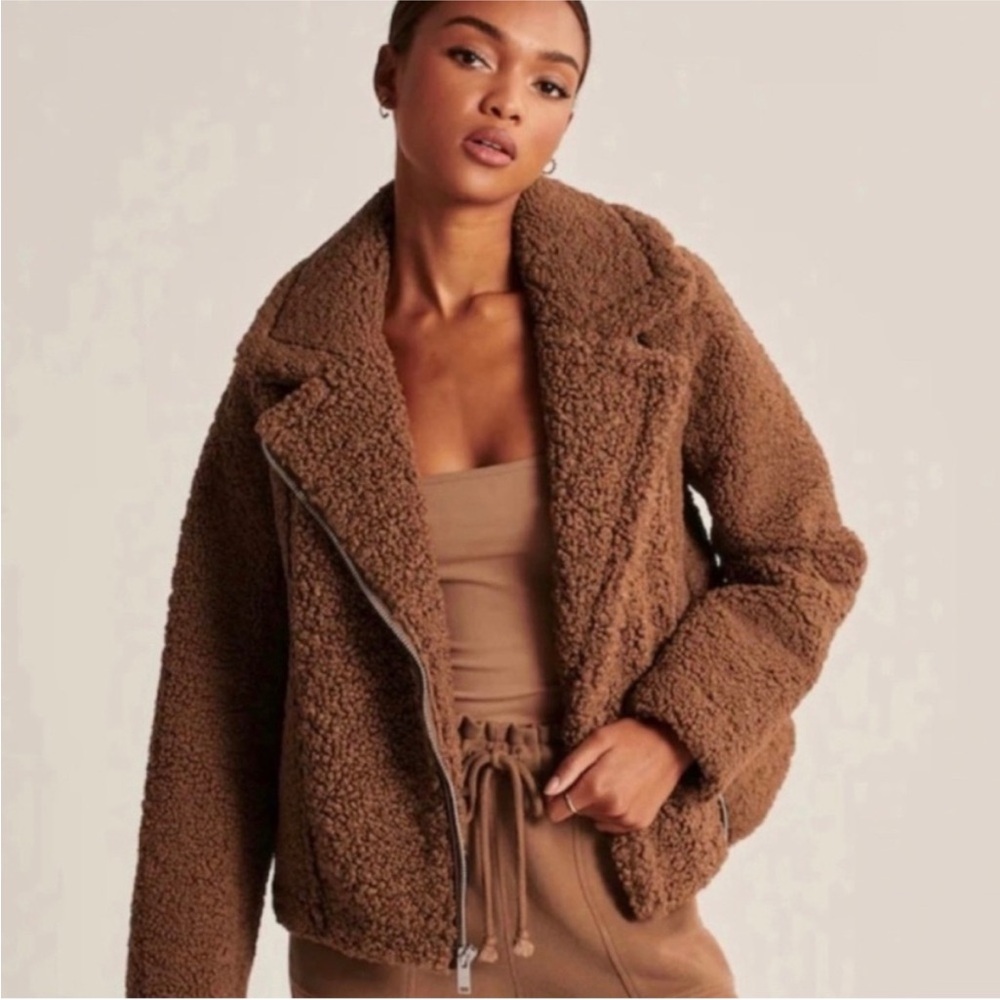 NEW Abercrombie Brown Sherpa & Leather Moto Jacket with Zipper Details - Small